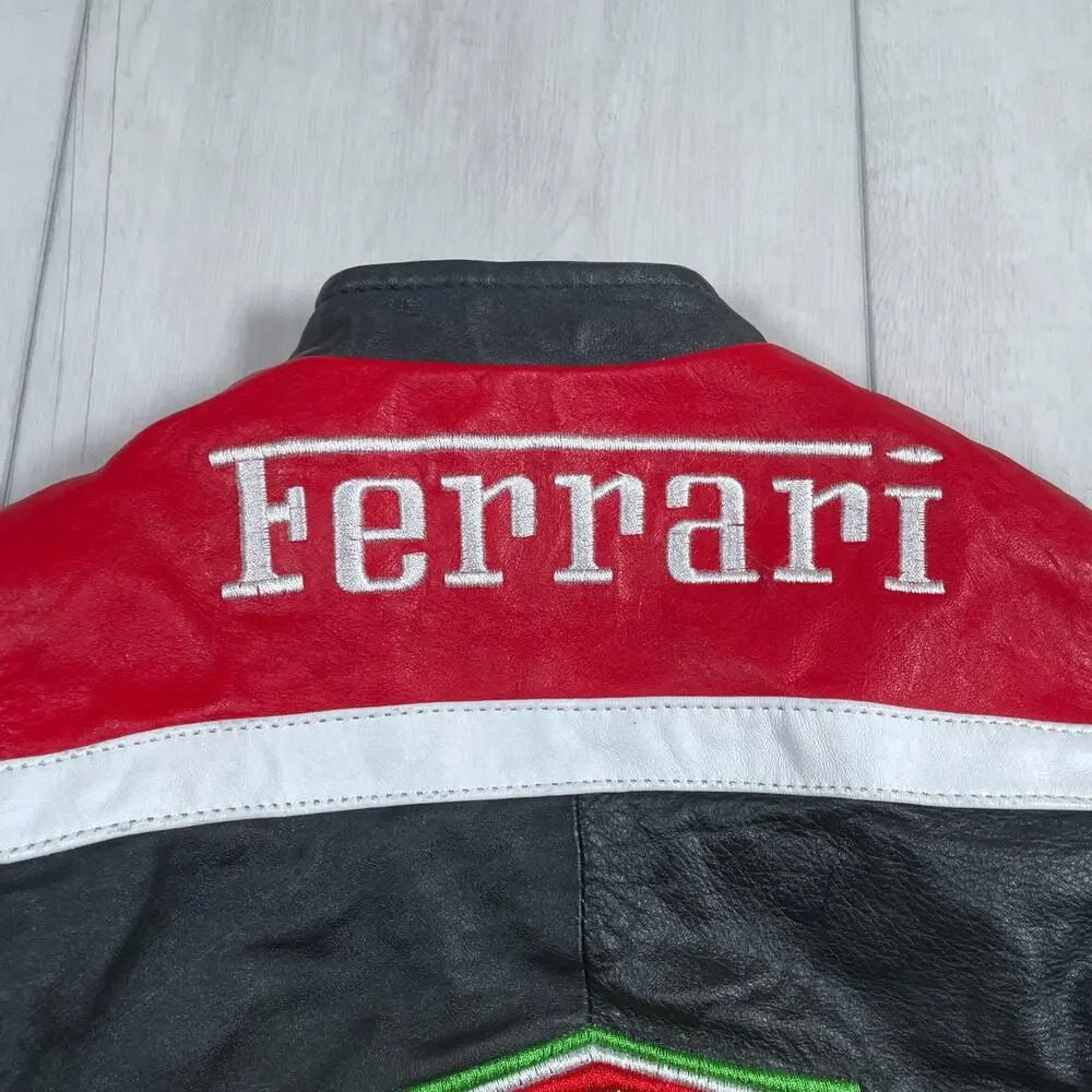 Ferrari Kids Size 4 Racing Leather Jacket Vintage Style Black Red Racing F1